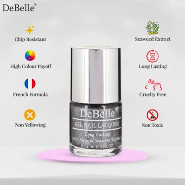 DeBelle Gel Nail Polish Grey Glitteratti (Silver Glitter Nail Paint)|Non UV - Gel Finish |Chip Resistant | Seaweed Enriched Formula| Long Lasting|Cruelty and Toxic Free| 8ml